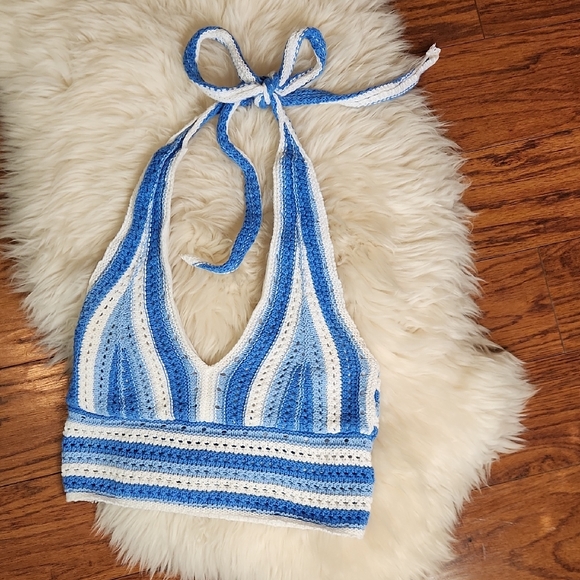 Hollister Tops - Hollister Crochet Blue Striped Halter Top